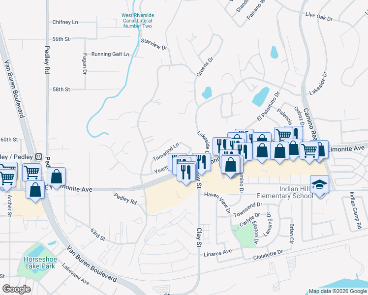 map of restaurants, bars, coffee shops, grocery stores, and more near 8229 Yearling Way in Riverside
