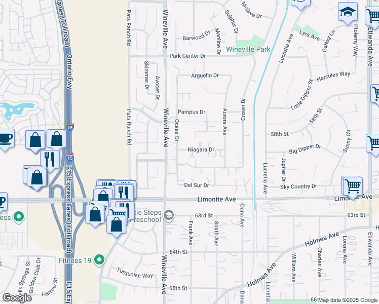 map of restaurants, bars, coffee shops, grocery stores, and more near 11681 Range View Road in Jurupa Valley