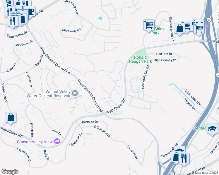 map of restaurants, bars, coffee shops, grocery stores, and more near 20442 Thrust Drive in Walnut