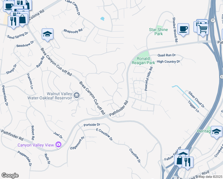 map of restaurants, bars, coffee shops, grocery stores, and more near 20442 Thrust Drive in Walnut