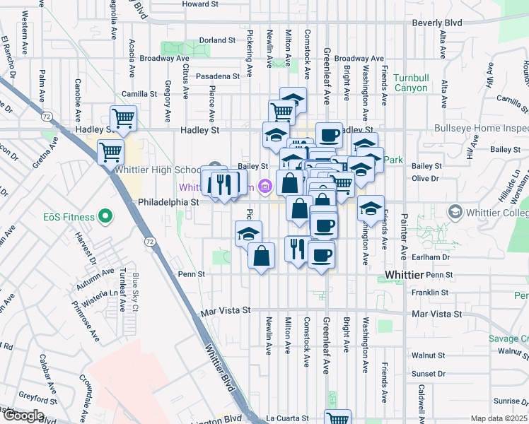 map of restaurants, bars, coffee shops, grocery stores, and more near 7039 Newlin Avenue in Whittier
