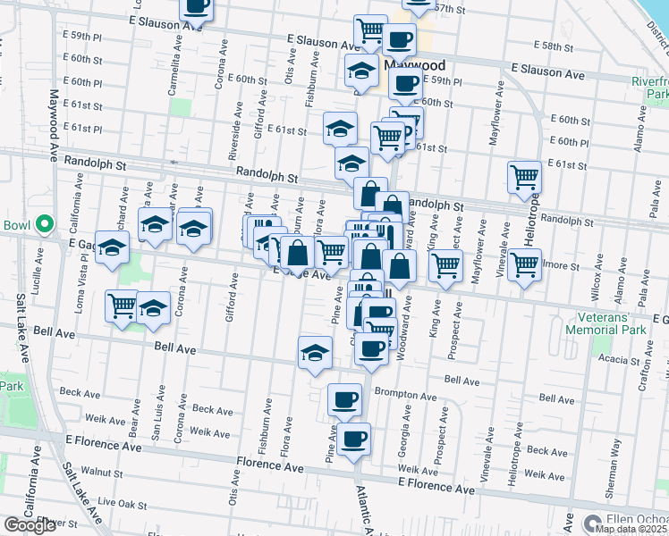map of restaurants, bars, coffee shops, grocery stores, and more near 4368 Gage Avenue in Bell