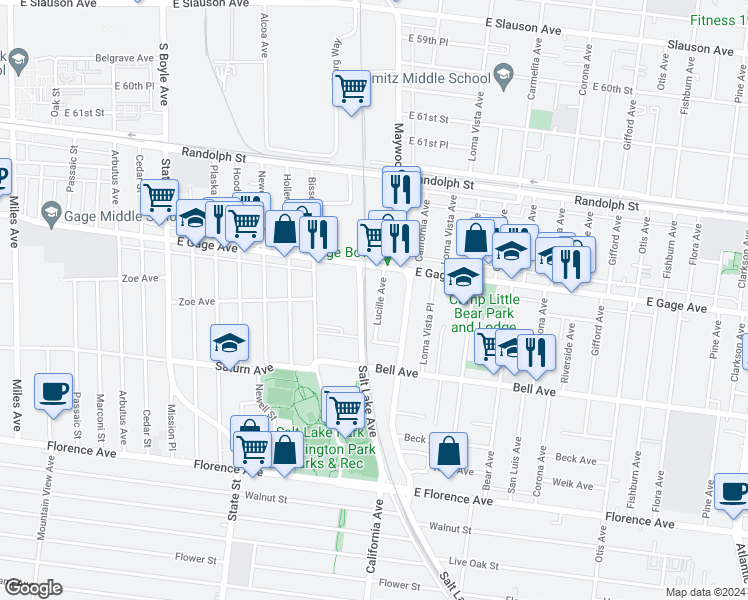 map of restaurants, bars, coffee shops, grocery stores, and more near 6609 California Avenue in Bell
