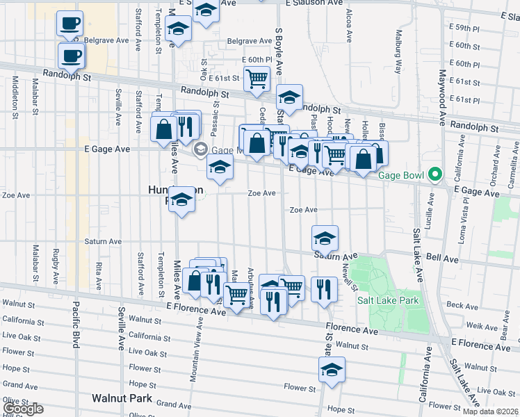map of restaurants, bars, coffee shops, grocery stores, and more near 6716 Cedar Street in Huntington Park