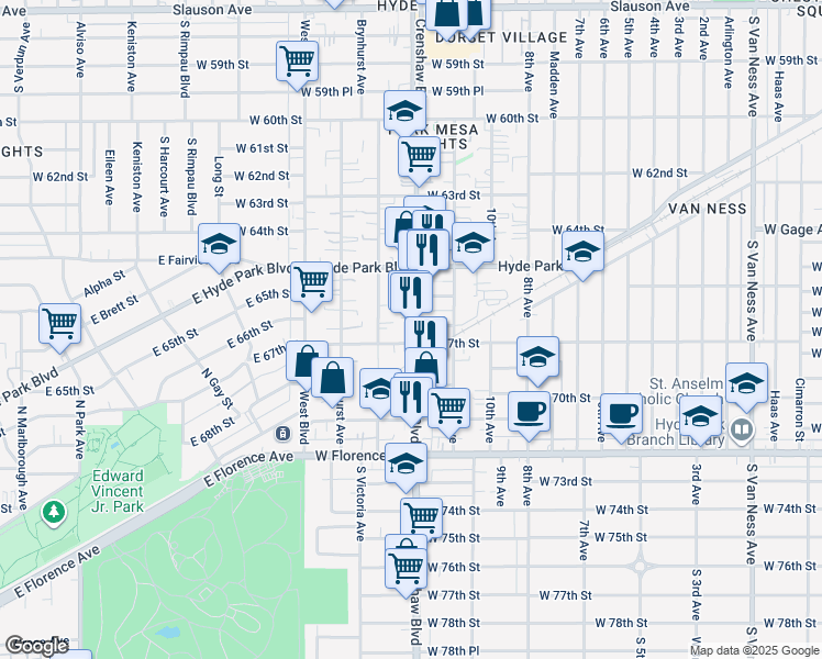 map of restaurants, bars, coffee shops, grocery stores, and more near 6700 Crenshaw Boulevard in Los Angeles