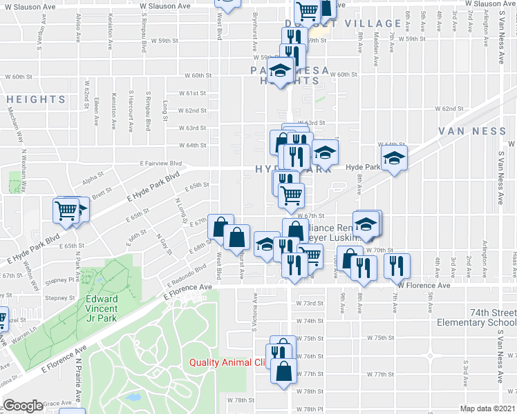 map of restaurants, bars, coffee shops, grocery stores, and more near 3488 West 67th Street in Los Angeles
