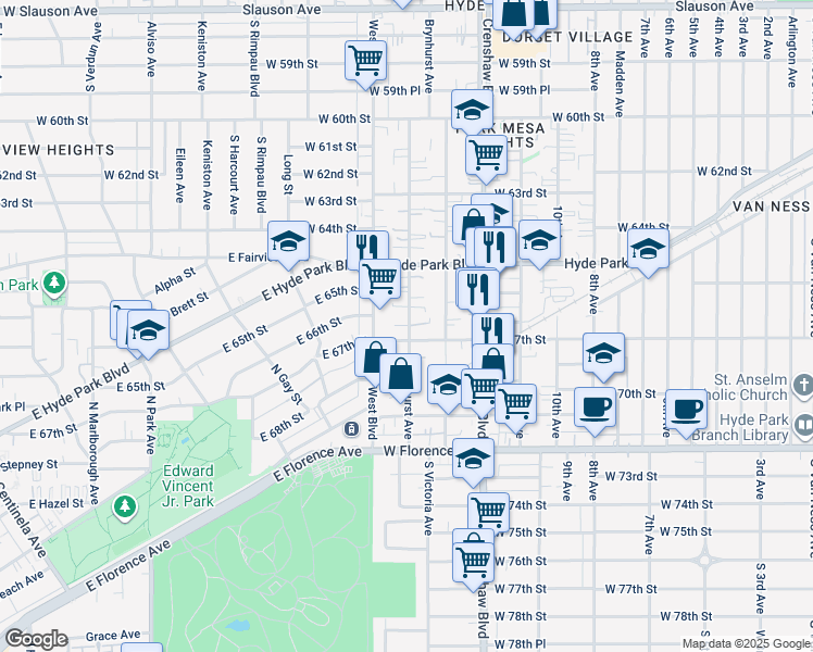 map of restaurants, bars, coffee shops, grocery stores, and more near 3488 West 67th Street in Los Angeles