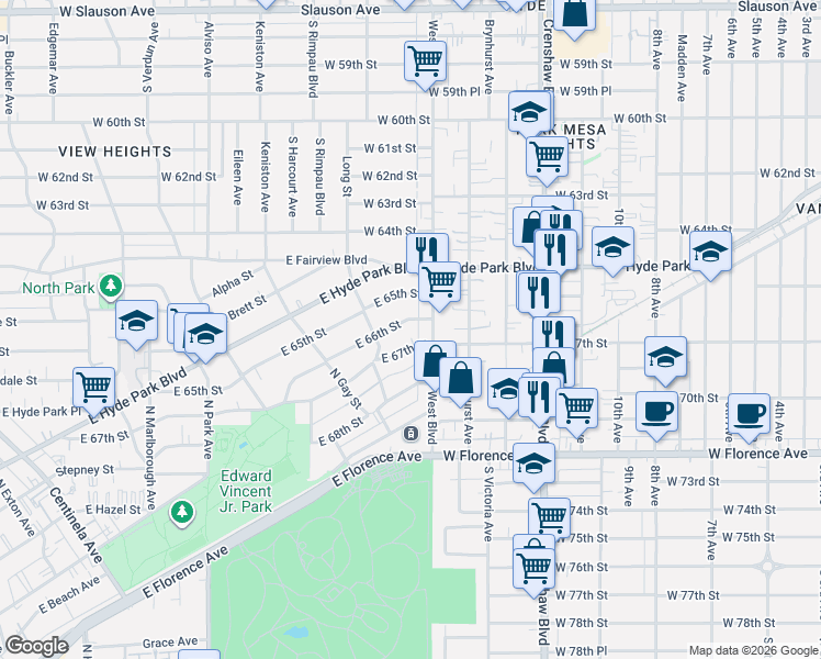 map of restaurants, bars, coffee shops, grocery stores, and more near 1123 East 67th Street in Inglewood