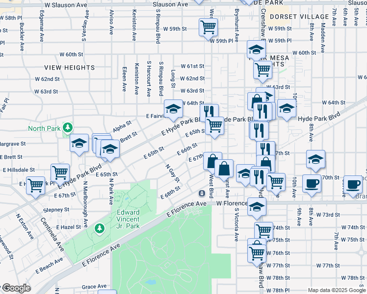 map of restaurants, bars, coffee shops, grocery stores, and more near 1034 East 66th Street in Inglewood
