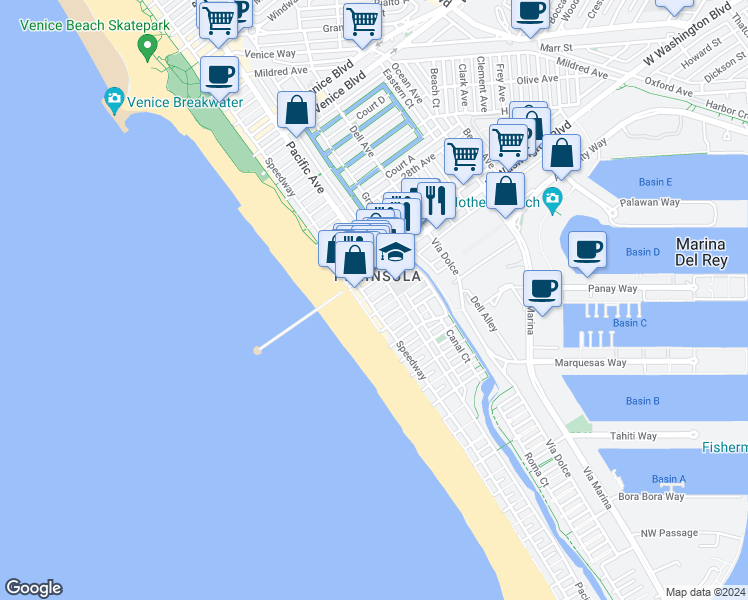 map of restaurants, bars, coffee shops, grocery stores, and more near 10 Speedway in Marina del Rey