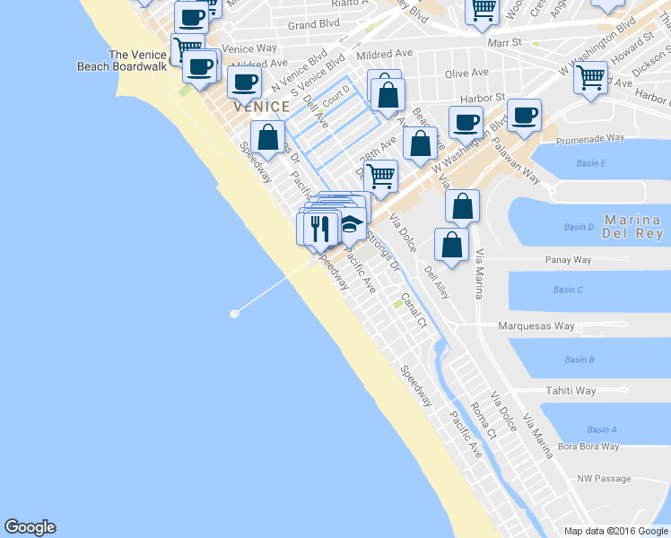 map of restaurants, bars, coffee shops, grocery stores, and more near 10 Speedway in Marina del Rey