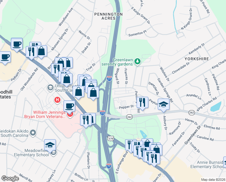 map of restaurants, bars, coffee shops, grocery stores, and more near 774 Peyton Road in Columbia
