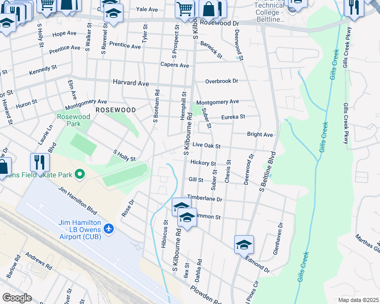 map of restaurants, bars, coffee shops, grocery stores, and more near 3800 South Kilbourne Road in Columbia