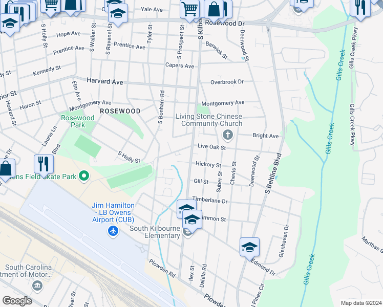 map of restaurants, bars, coffee shops, grocery stores, and more near 3800 South Kilbourne Road in Columbia