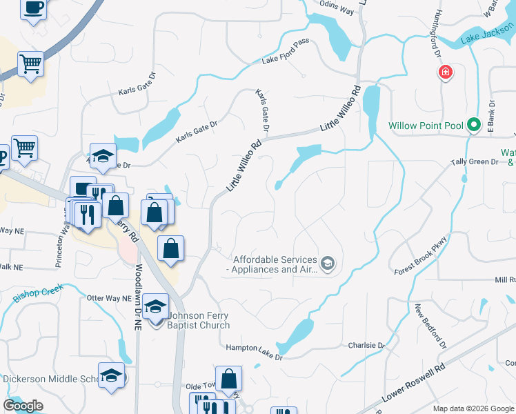 map of restaurants, bars, coffee shops, grocery stores, and more near 1171 Clarendon Drive in Marietta