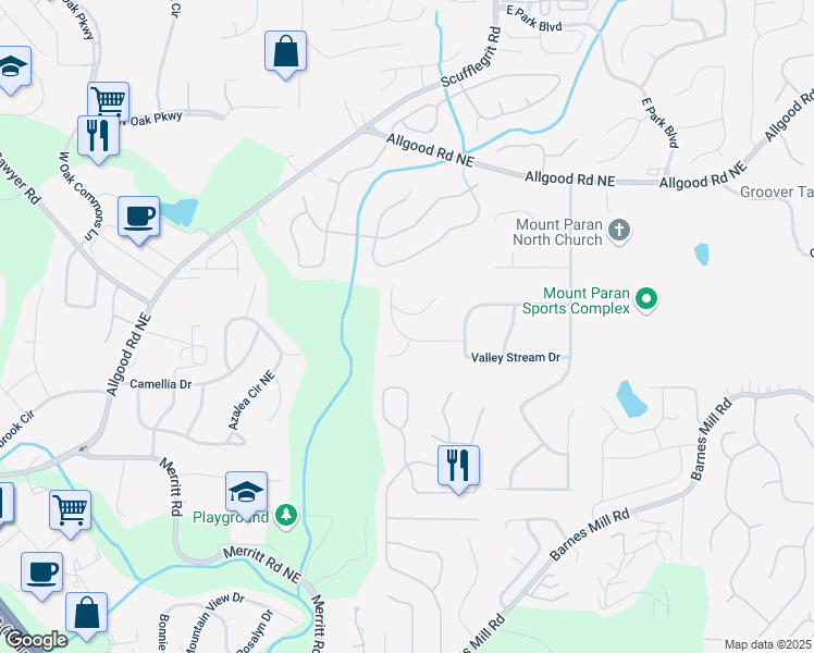 map of restaurants, bars, coffee shops, grocery stores, and more near 1439 Shadowrock Court Northeast in Marietta