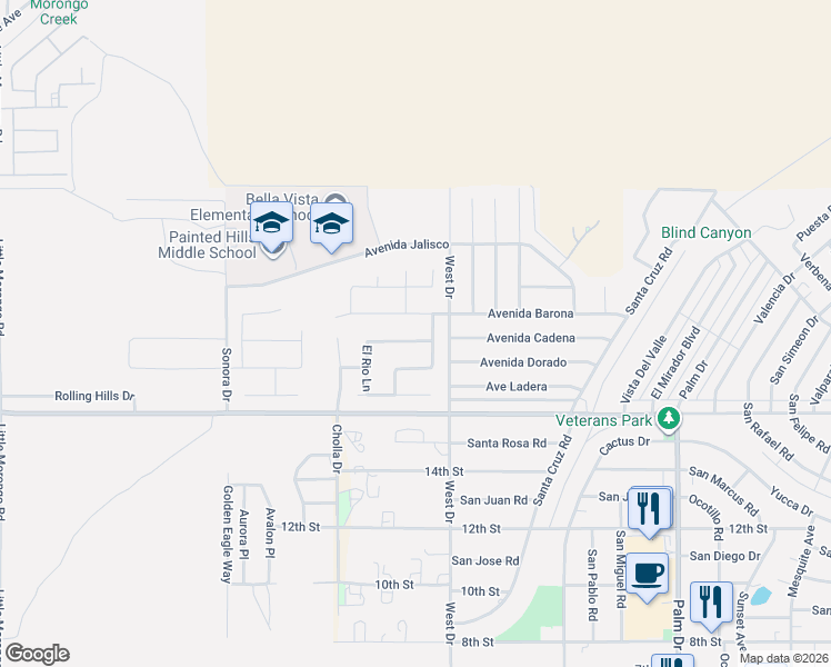 map of restaurants, bars, coffee shops, grocery stores, and more near 65951 Avenida Cadena in Desert Hot Springs