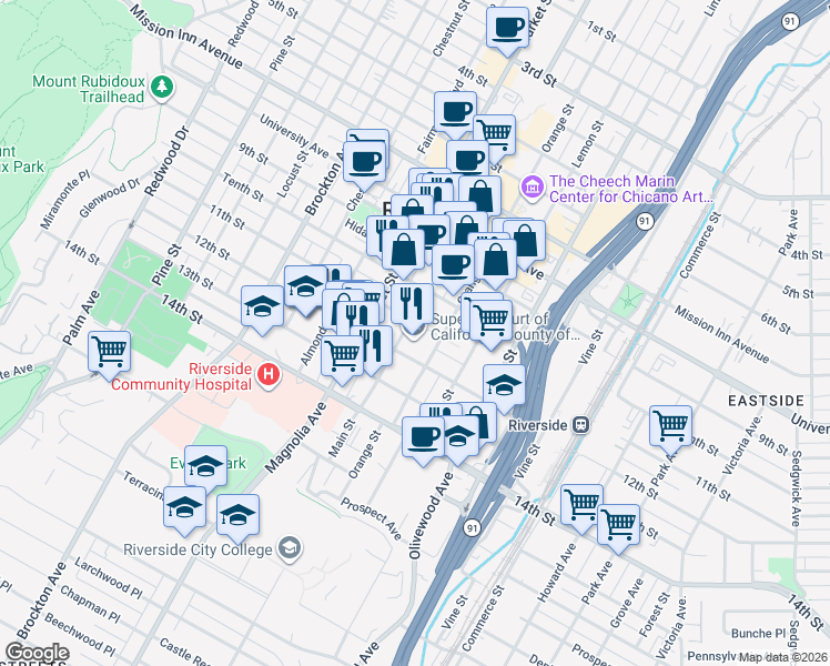map of restaurants, bars, coffee shops, grocery stores, and more near 2813 12th Street in Riverside