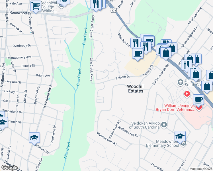 map of restaurants, bars, coffee shops, grocery stores, and more near 5817 Indian Mound Road in Columbia