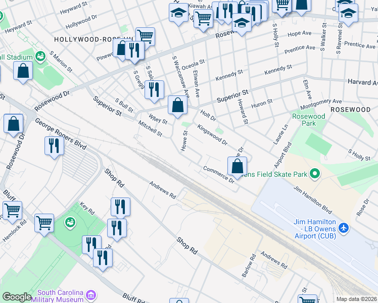 map of restaurants, bars, coffee shops, grocery stores, and more near 2200 Commerce Drive in Cayce