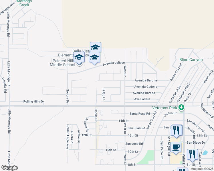 map of restaurants, bars, coffee shops, grocery stores, and more near 65836 Avenida Cadena in Desert Hot Springs