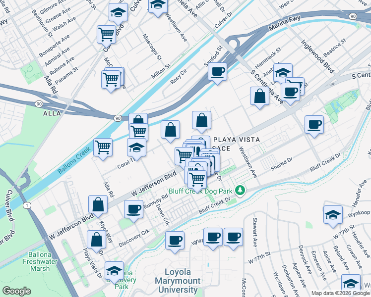 map of restaurants, bars, coffee shops, grocery stores, and more near 12777 West Jefferson Boulevard in Los Angeles