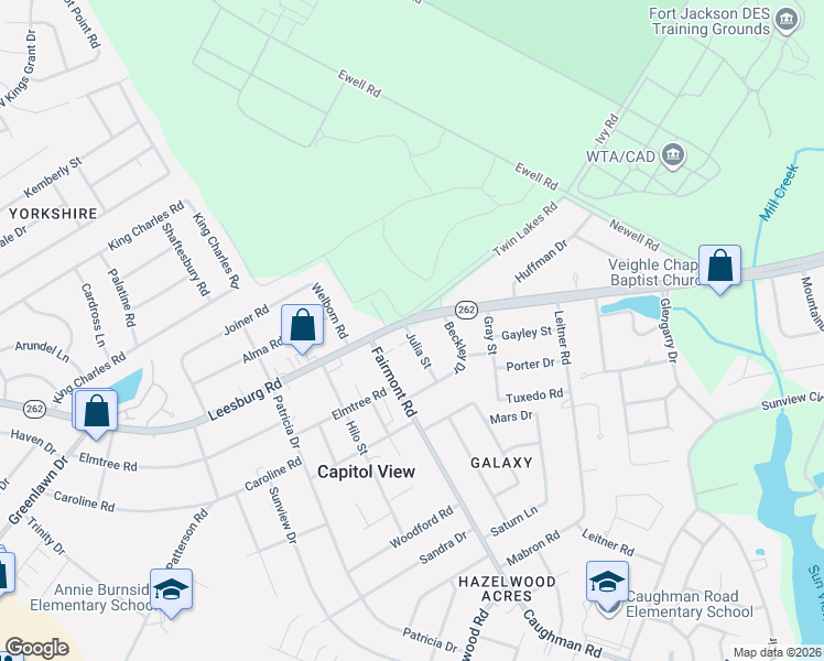 map of restaurants, bars, coffee shops, grocery stores, and more near 7015 Julia Street in Columbia