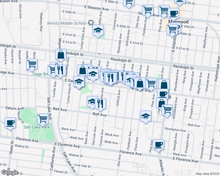 map of restaurants, bars, coffee shops, grocery stores, and more near 4026 Gage Avenue in Bell
