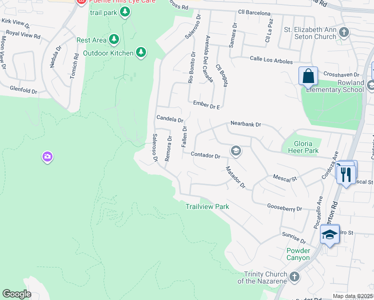 map of restaurants, bars, coffee shops, grocery stores, and more near 2411 Agostino Drive in Rowland Heights