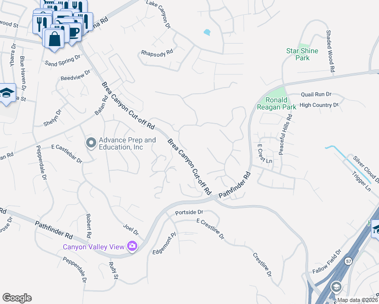 map of restaurants, bars, coffee shops, grocery stores, and more near 20374 Bickford Drive in Walnut