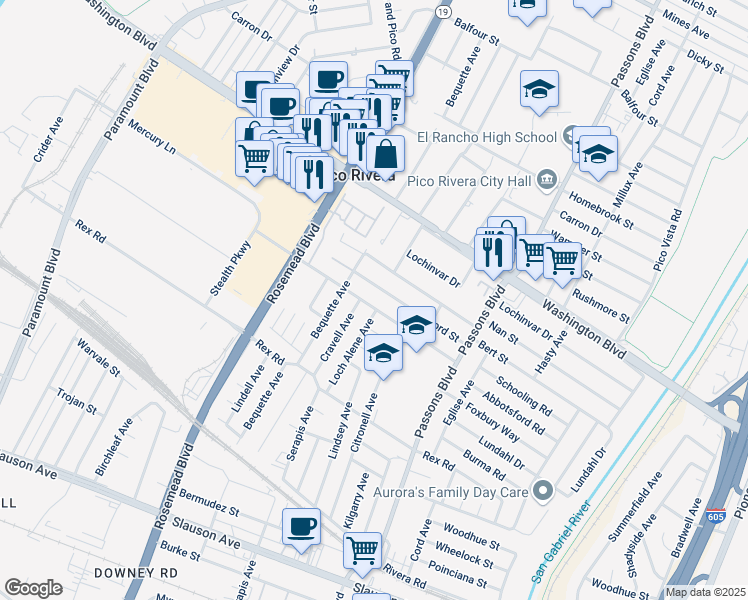 map of restaurants, bars, coffee shops, grocery stores, and more near 7219 Loch Alene Avenue in Pico Rivera