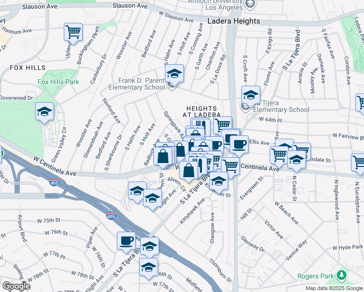 map of restaurants, bars, coffee shops, grocery stores, and more near 6740 South Garth Avenue in Los Angeles