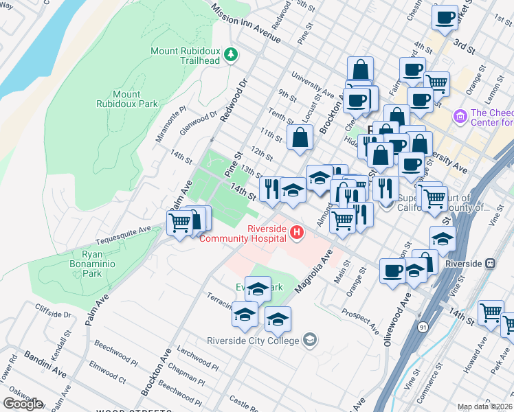 map of restaurants, bars, coffee shops, grocery stores, and more near 4200 14th Street in Riverside
