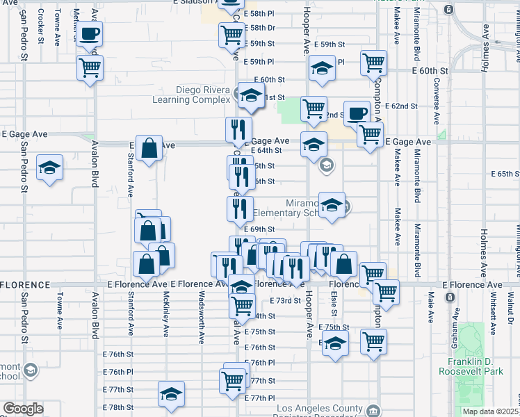 map of restaurants, bars, coffee shops, grocery stores, and more near 6900 South Central Avenue in Los Angeles