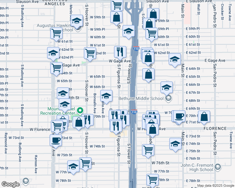 map of restaurants, bars, coffee shops, grocery stores, and more near 6719 South Figueroa Street in Los Angeles