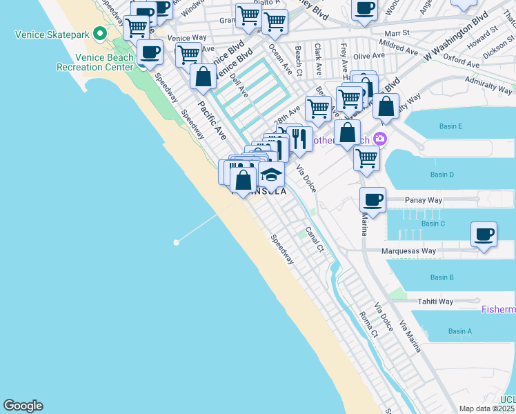map of restaurants, bars, coffee shops, grocery stores, and more near 20 Anchorage Street in Marina del Rey