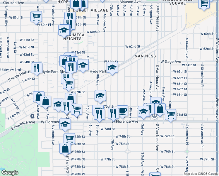 map of restaurants, bars, coffee shops, grocery stores, and more near 6659 7th Avenue in Los Angeles