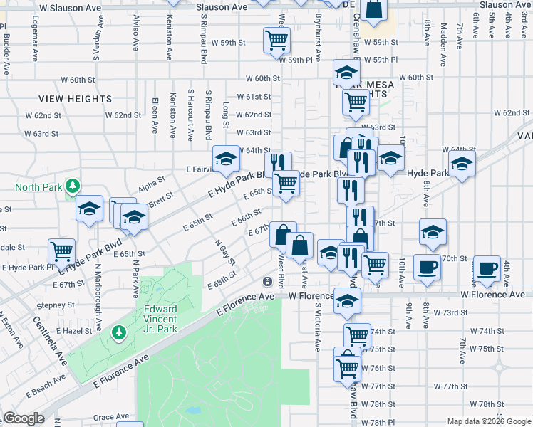 map of restaurants, bars, coffee shops, grocery stores, and more near 1130 East 66th Street in Inglewood