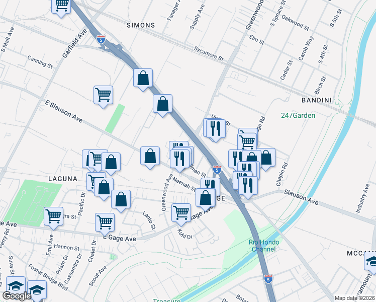 map of restaurants, bars, coffee shops, grocery stores, and more near 3521 Travis Avenue in Commerce
