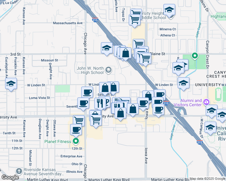 map of restaurants, bars, coffee shops, grocery stores, and more near 1516 Seventh Street in Riverside