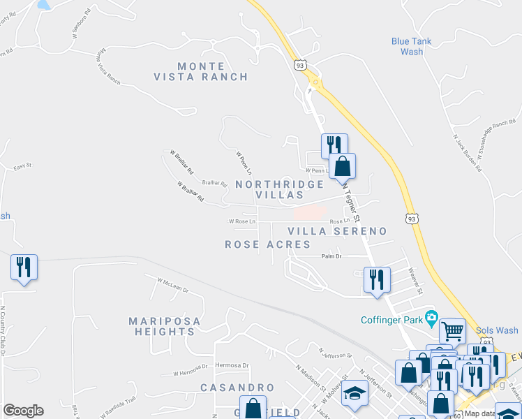 map of restaurants, bars, coffee shops, grocery stores, and more near 890 Poppy Street in Wickenburg