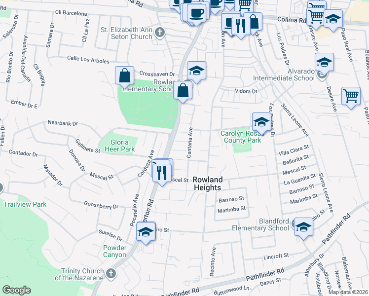 map of restaurants, bars, coffee shops, grocery stores, and more near 18239 Villa Clara Street in Rowland Heights