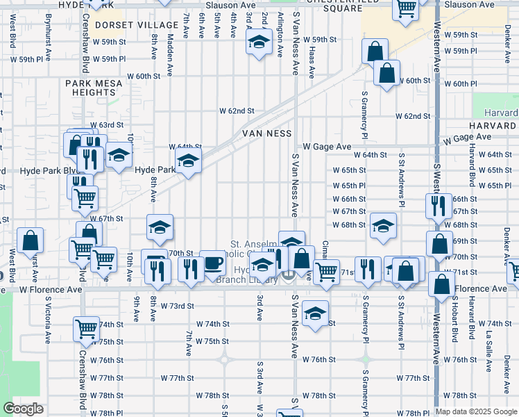 map of restaurants, bars, coffee shops, grocery stores, and more near 6707 2nd Avenue in Los Angeles