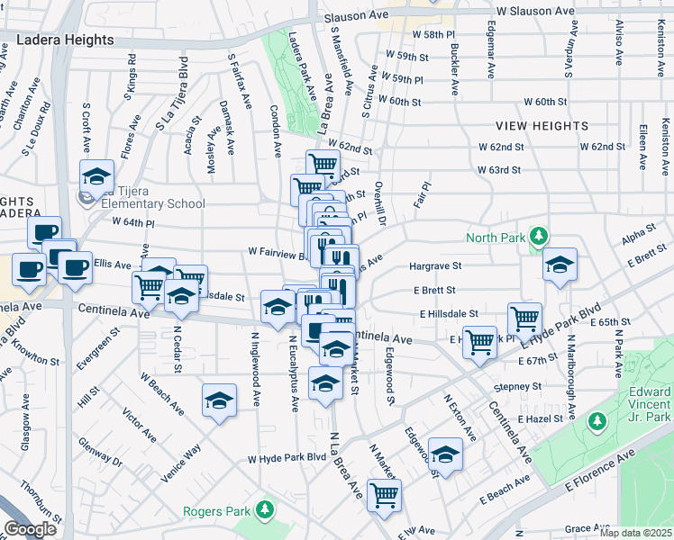 map of restaurants, bars, coffee shops, grocery stores, and more near 1112 North La Brea Avenue in Inglewood