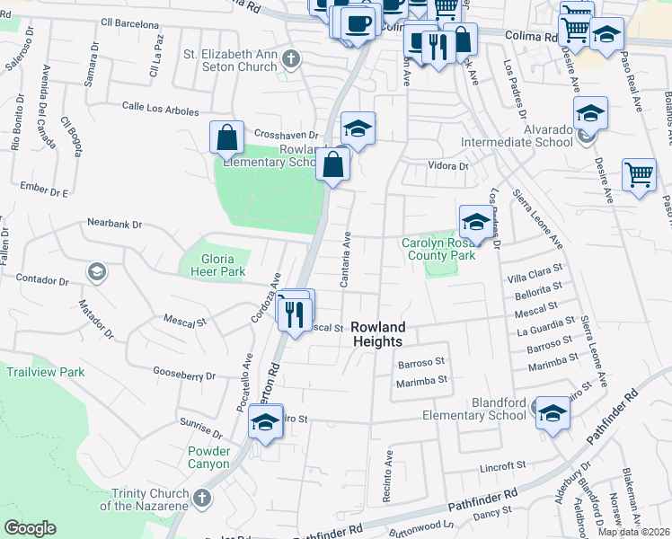map of restaurants, bars, coffee shops, grocery stores, and more near 18239 Villa Clara Street in Rowland Heights