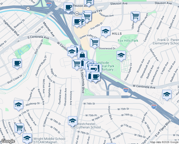 map of restaurants, bars, coffee shops, grocery stores, and more near 6081 Center Drive in Los Angeles