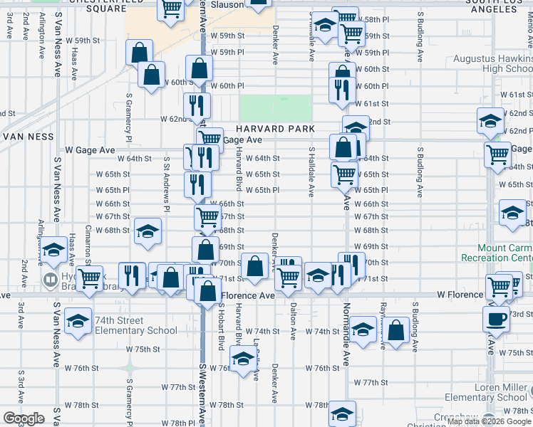 map of restaurants, bars, coffee shops, grocery stores, and more near 1615 West 67th Street in Los Angeles