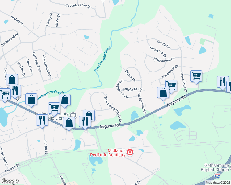 map of restaurants, bars, coffee shops, grocery stores, and more near 109 Pebble Place Court in Lexington