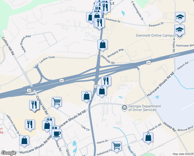 map of restaurants, bars, coffee shops, grocery stores, and more near Hwy 124 & Buford Dr in Lawrenceville