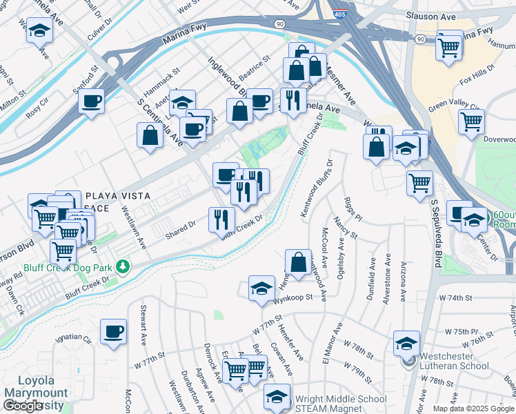 map of restaurants, bars, coffee shops, grocery stores, and more near 12121 West Bluff Creek Drive in Los Angeles